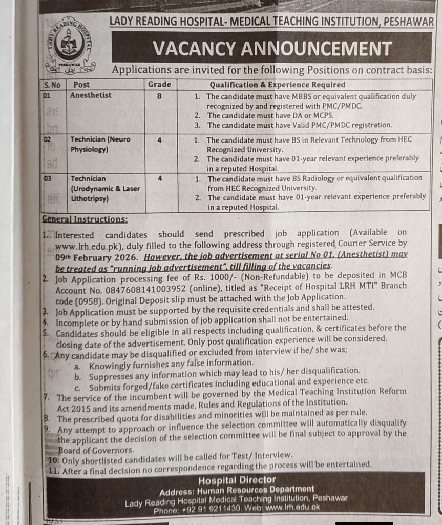 Lady Reading Hospital LRH Jobs 2026 – Online Apply for Clinical, Technical, and Administrative Vacancies (Peshawar MTI)