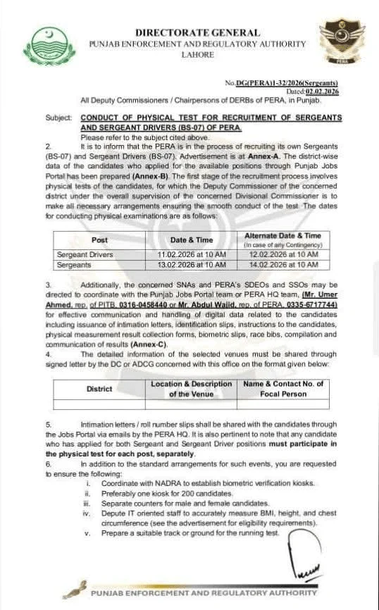 PERA Physical test date for Pera Sergeant And Sergeant Driver