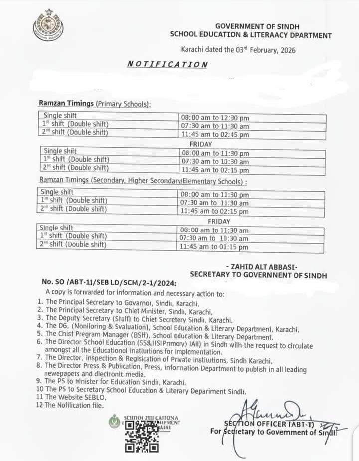 Sindh School Timing During the Holy Month of Ramzan Ul Mubarak 2026